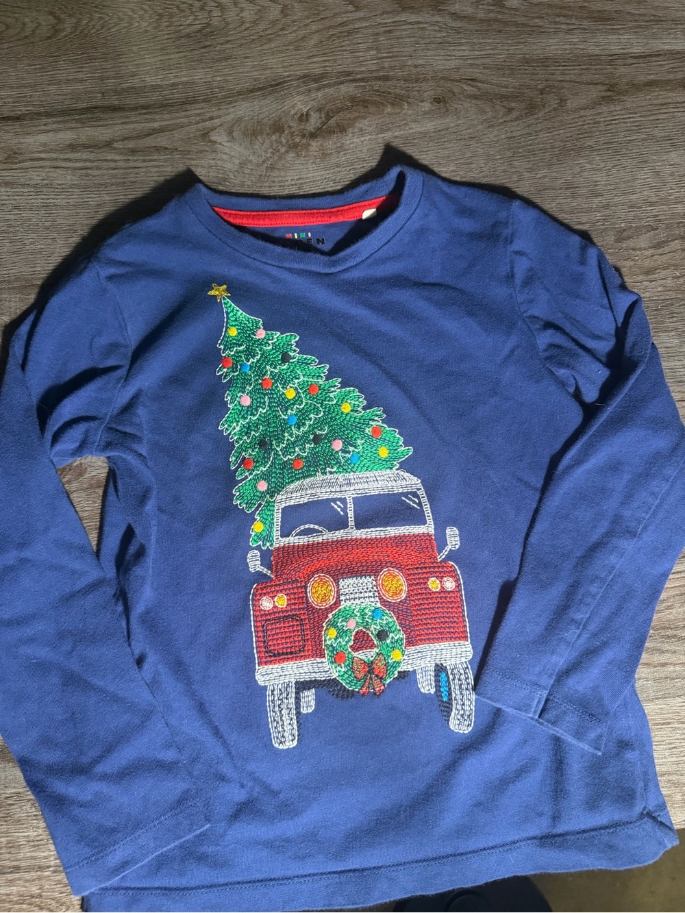 Mini Boden Blue Long-Sleeve Tee with Red Truck & Green Christmas Tree